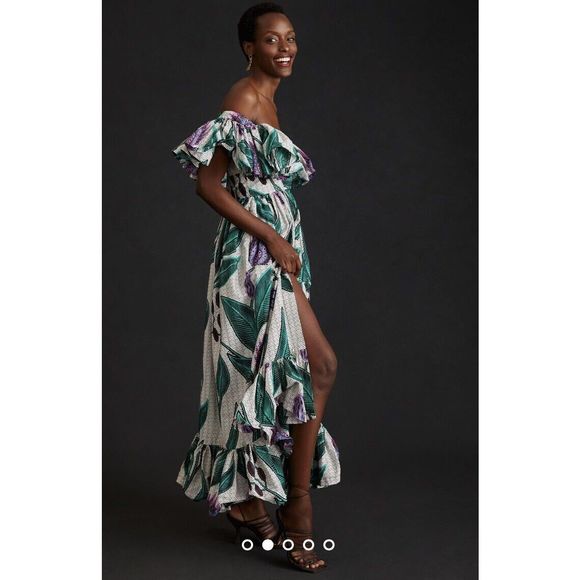 Anthropologie SIKA Off-The-Shoulder Ruffle Printed Maxi Dress Size 0 - Picture 2 of 10